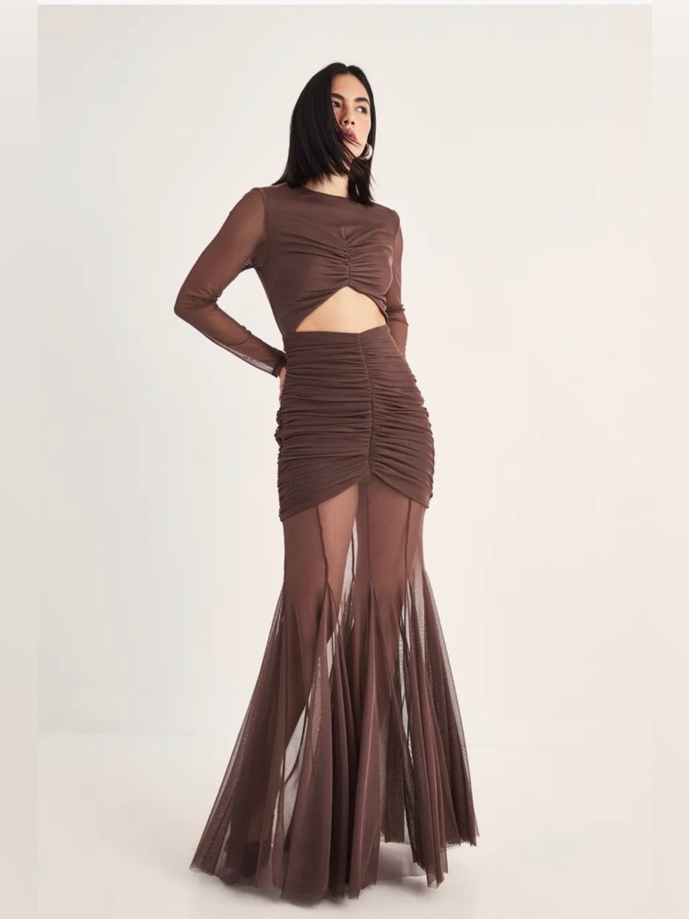 Nasty Gal Brown Ruched Sheer Mermaid Maxi Dress